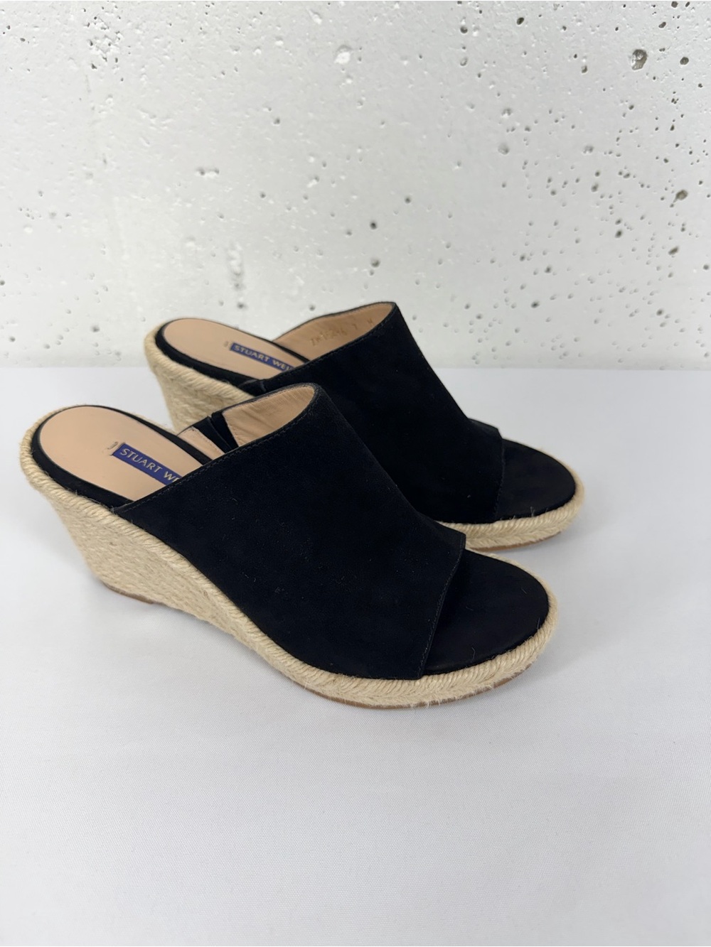 Stuart Weitzman Women’s size 7 Marabella Black Suede Raffia Wedge Heels